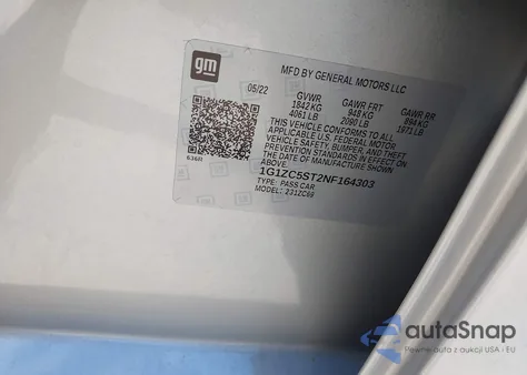 2022 Chevrolet Malibu Fwd 1Fl z USA, uszkodzony, nr VIN 1G1ZC5ST2NF164303